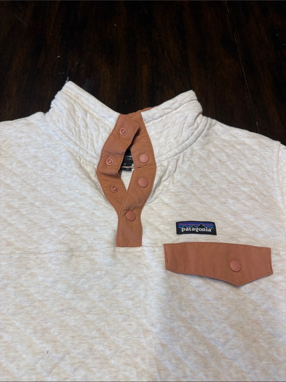 Patagonia Cream Quilted Pullover with Tan Snap Placket - Picture 2 of 7